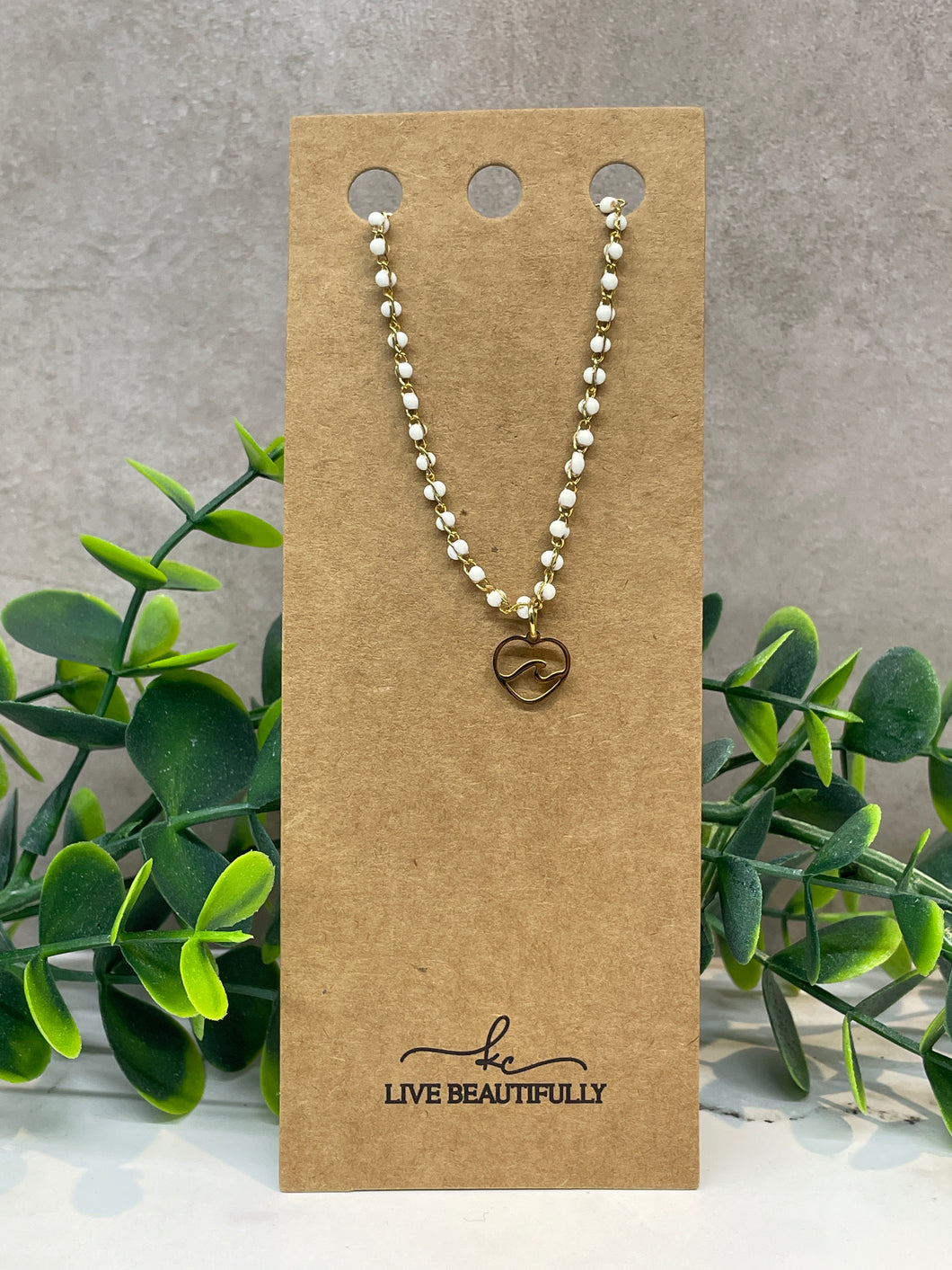 Necklace - White Beads Heart Wave