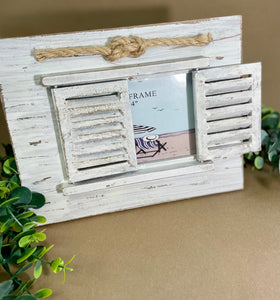 White distressed shutter frame